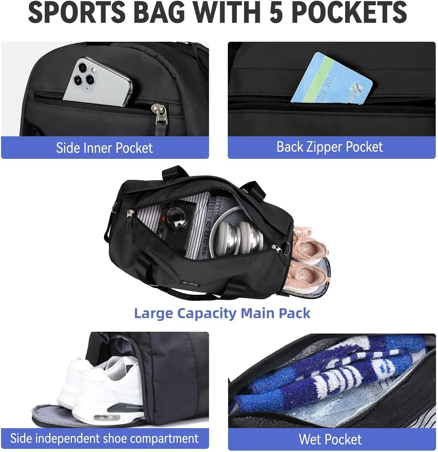 Large Duffel Travel Bag for Women Sports Gym Waterproof Weekend Shoulder Night with Wet Things Pocket Lightweight Hospital Bag for Transport Hiking, H-black
