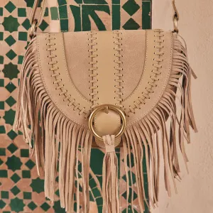 LEOTIE BEIGE SUEDE MESSENGER BAG WITH FRINGING