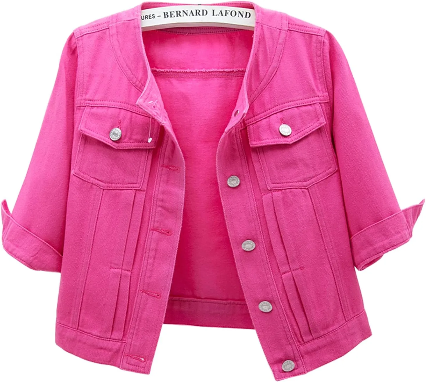 LifeShe Women Cropped Denim Jacket Button Down Collarless 3/4 Sleeve Jean Jacket With Pockets