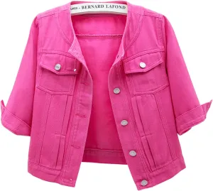 LifeShe Women Cropped Denim Jacket Button Down Collarless 3/4 Sleeve Jean Jacket With Pockets