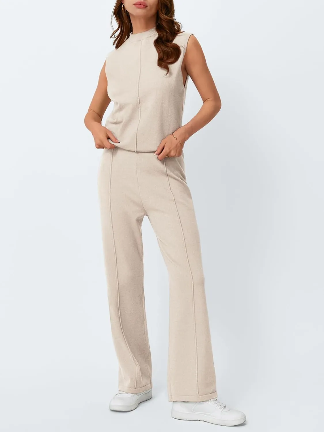 LILLUSORY Lounge Sets for Women Summer 2 Piece Outfits 2025 Two Piece Vacation Matching Mock Neck Sweater Set Tracksuit