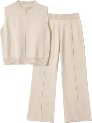 LILLUSORY Lounge Sets for Women Summer 2 Piece Outfits 2025 Two Piece Vacation Matching Mock Neck Sweater Set Tracksuit