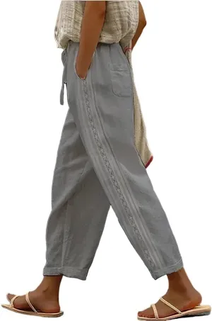 Linen Pants for Women Wide Leg High Waisted Drawstring Trousers Summer Casual Loose Trendy Beach Pants with Pockets