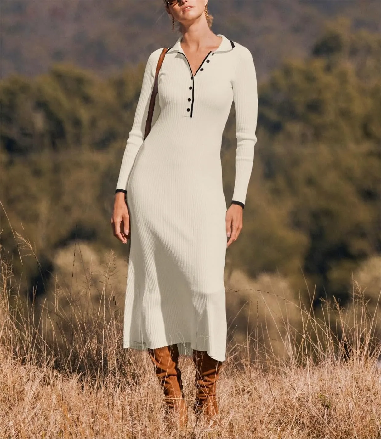 loveimgs Women's V Neck Button Sweater Dress Button Long Sleeve Ribbed Knit Slim Fit Bodycon Midi Dress