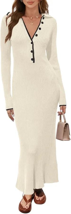 loveimgs Women's V Neck Button Sweater Dress Button Long Sleeve Ribbed Knit Slim Fit Bodycon Midi Dress