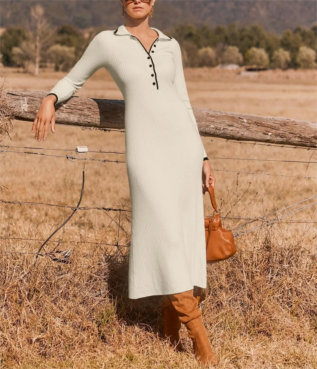 loveimgs Women's V Neck Button Sweater Dress Button Long Sleeve Ribbed Knit Slim Fit Bodycon Midi Dress