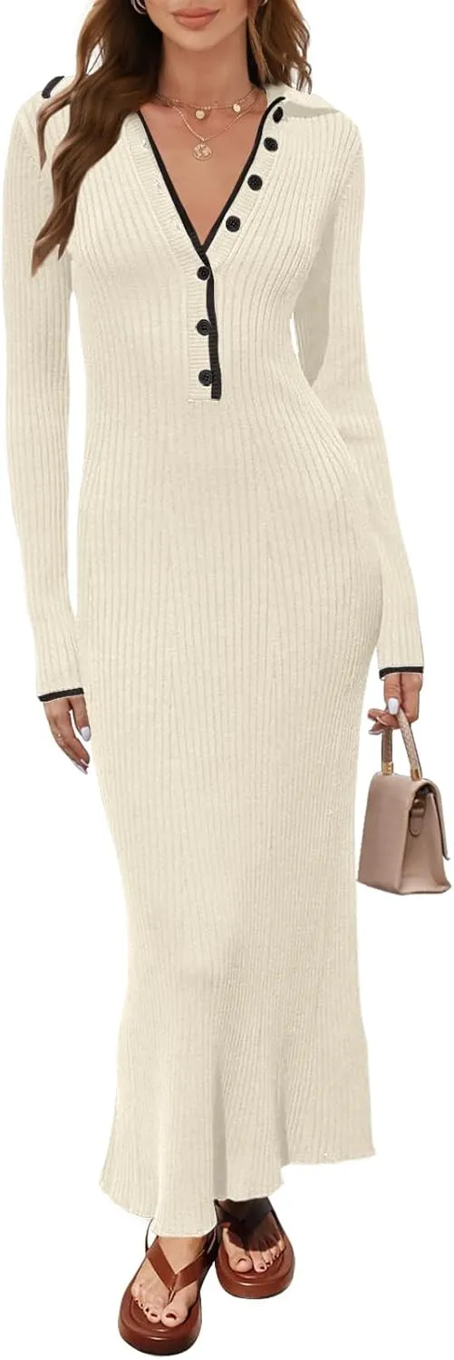 loveimgs Women's V Neck Button Sweater Dress Button Long Sleeve Ribbed Knit Slim Fit Bodycon Midi Dress