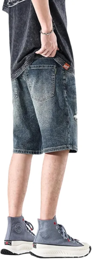 LUOBANIU Mens Jean Shorts Distressed Ripped Denim Shorts Relaxed Fit Summer Casual Classic Straight Short Jeans