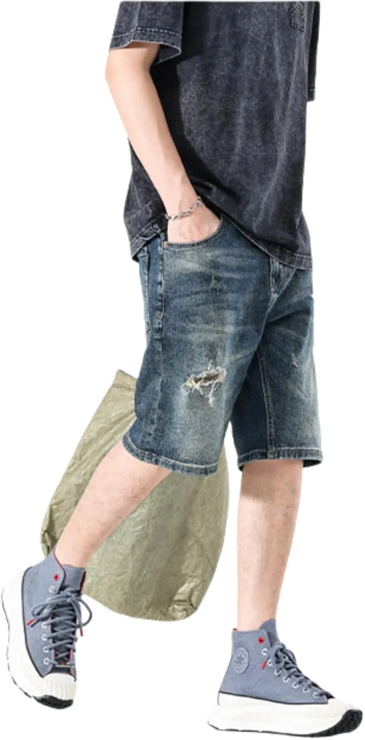 LUOBANIU Mens Jean Shorts Distressed Ripped Denim Shorts Relaxed Fit Summer Casual Classic Straight Short Jeans
