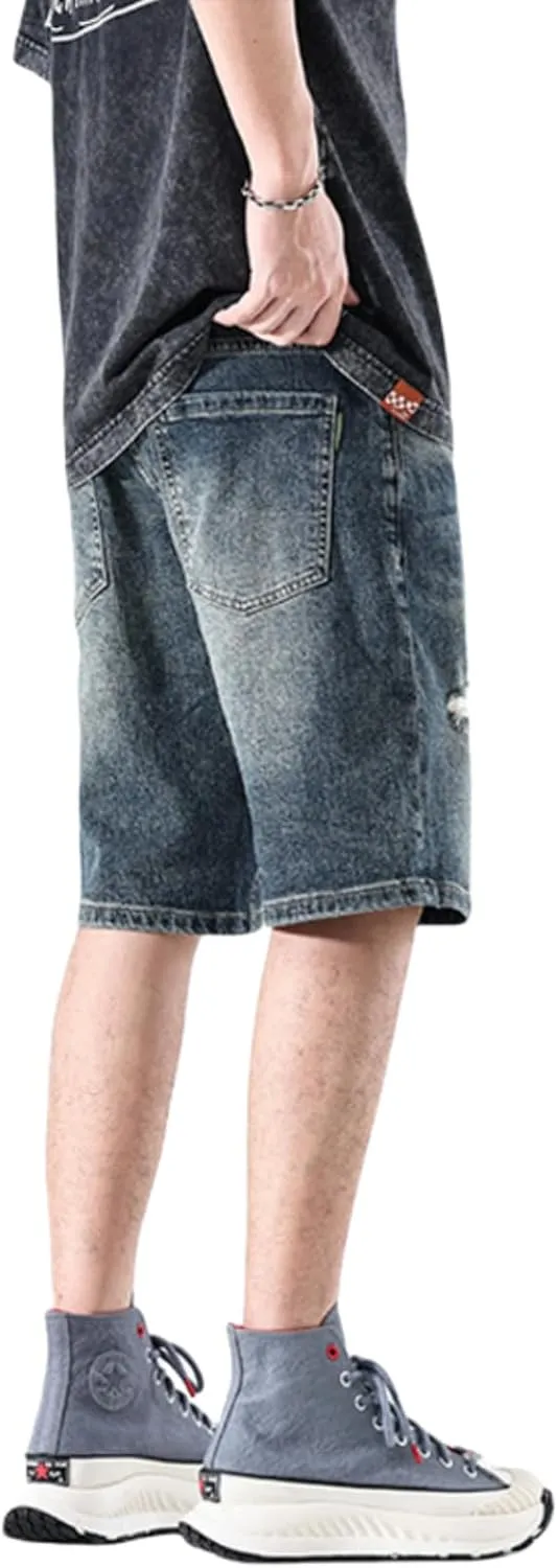 LUOBANIU Mens Jean Shorts Distressed Ripped Denim Shorts Relaxed Fit Summer Casual Classic Straight Short Jeans