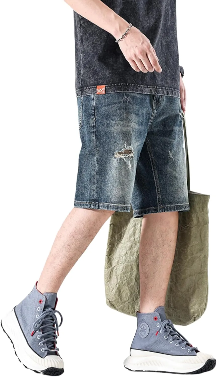 LUOBANIU Mens Jean Shorts Distressed Ripped Denim Shorts Relaxed Fit Summer Casual Classic Straight Short Jeans
