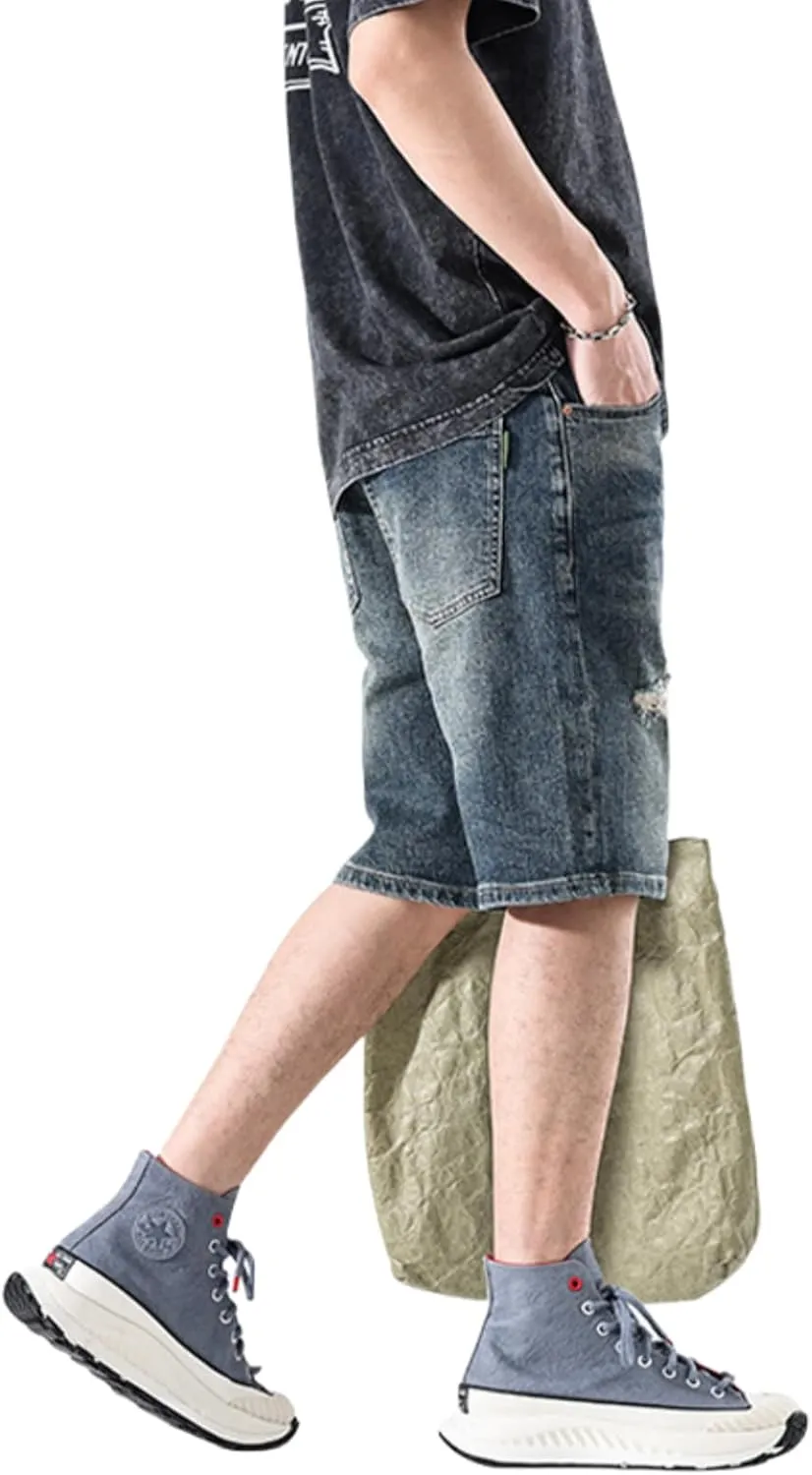LUOBANIU Mens Jean Shorts Distressed Ripped Denim Shorts Relaxed Fit Summer Casual Classic Straight Short Jeans