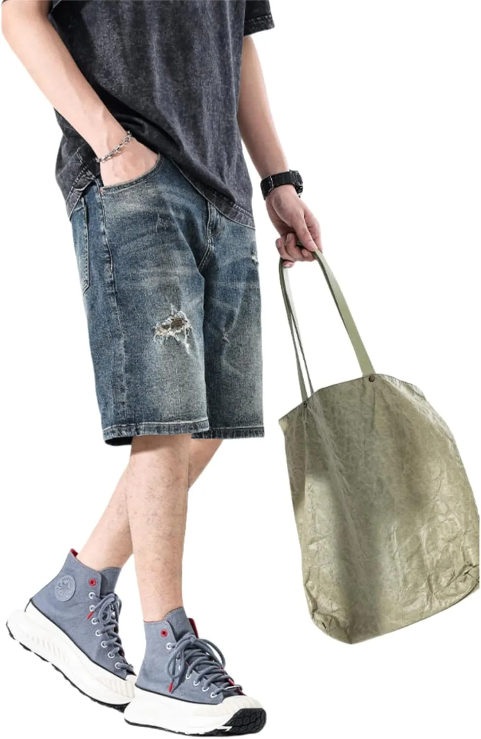 LUOBANIU Mens Jean Shorts Distressed Ripped Denim Shorts Relaxed Fit Summer Casual Classic Straight Short Jeans