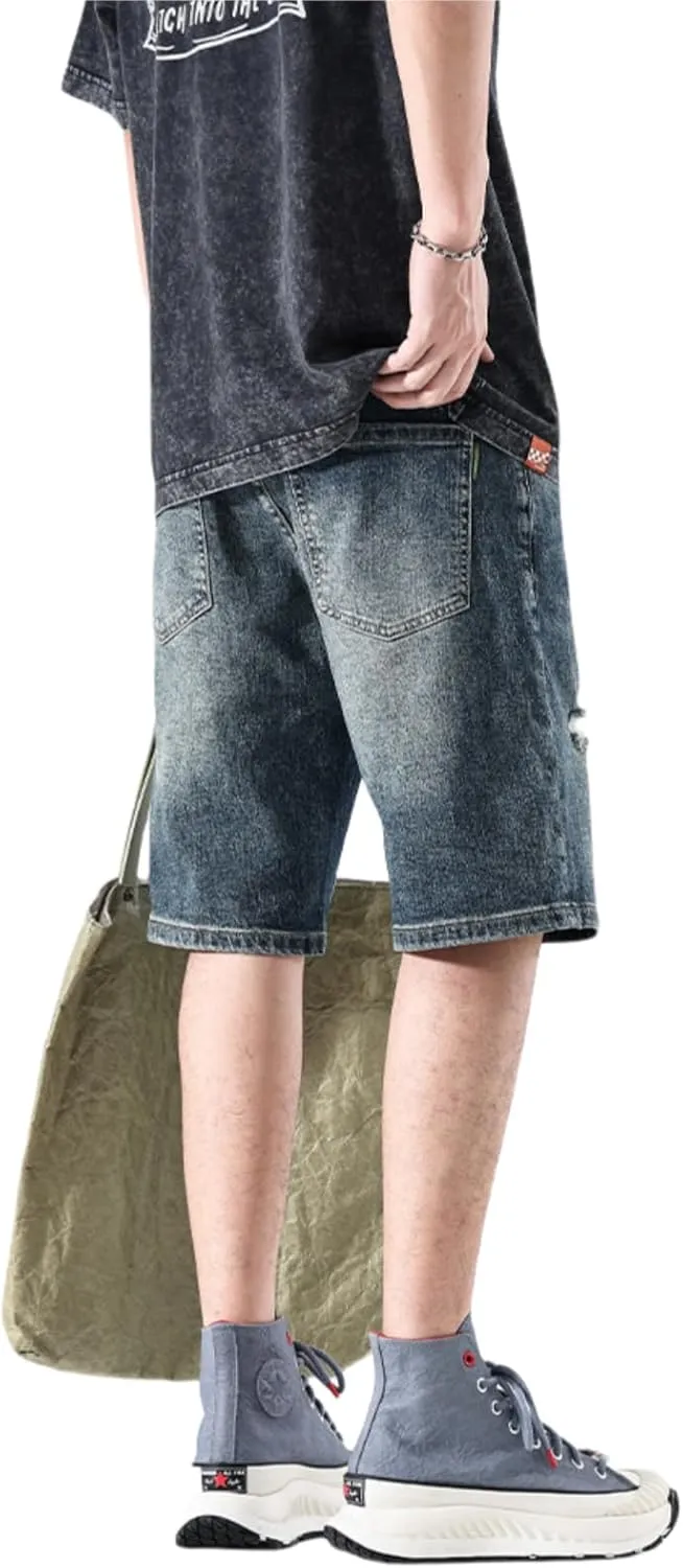 LUOBANIU Mens Jean Shorts Distressed Ripped Denim Shorts Relaxed Fit Summer Casual Classic Straight Short Jeans