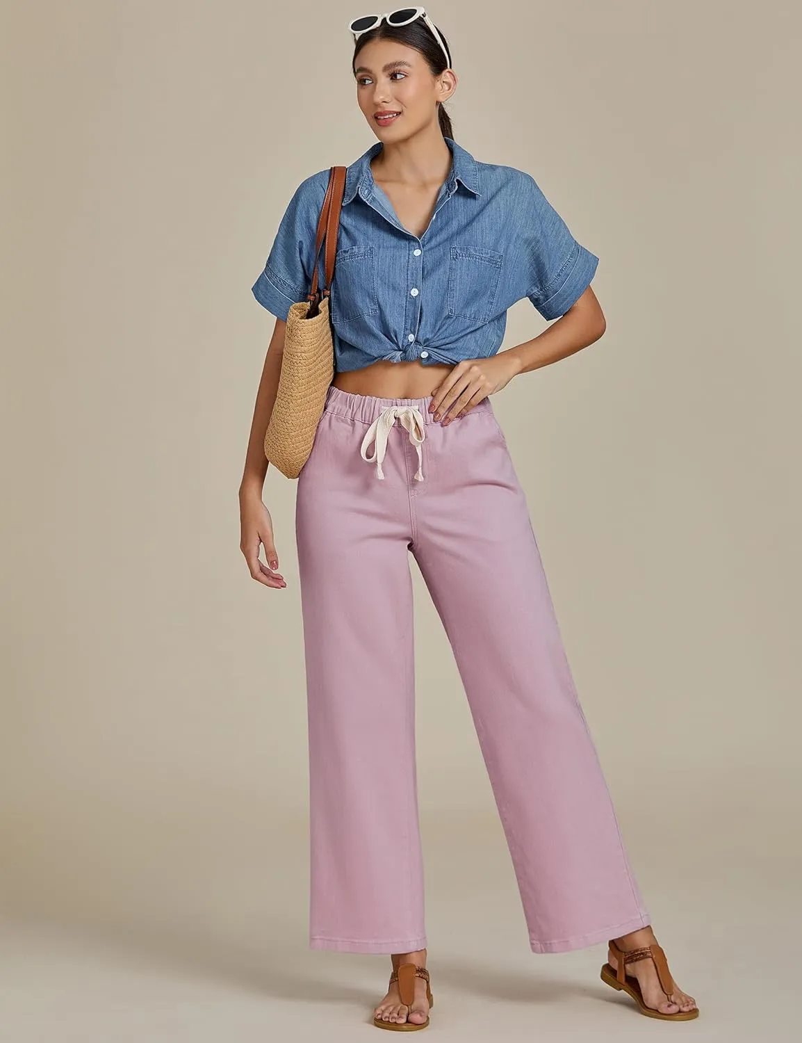 luvamia Wide Leg Jeans Woman High Waisted Trendy Pull On Elastic Waist Drawstring Stretchy Denim Jean Pants with Pockets