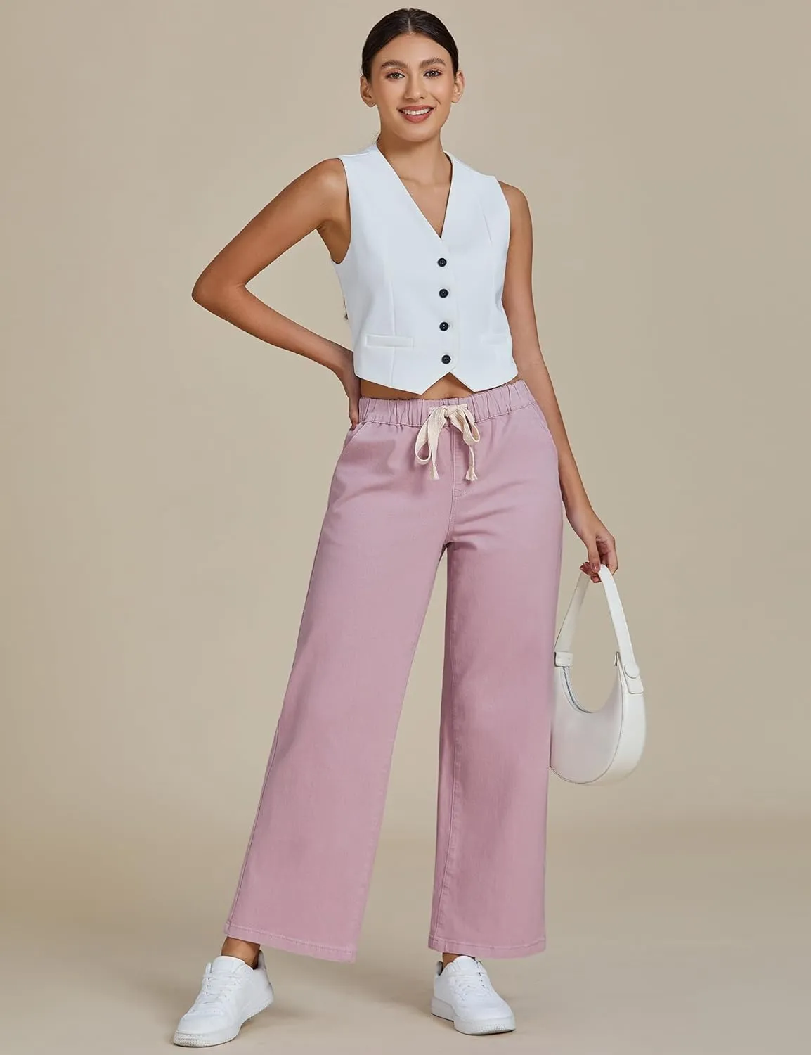 luvamia Wide Leg Jeans Woman High Waisted Trendy Pull On Elastic Waist Drawstring Stretchy Denim Jean Pants with Pockets