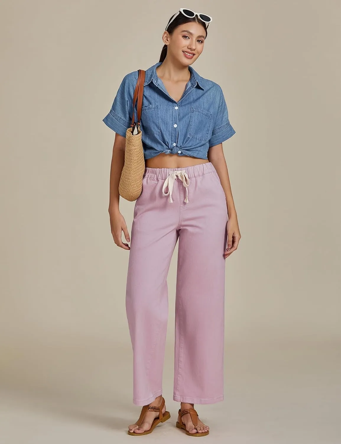 luvamia Wide Leg Jeans Woman High Waisted Trendy Pull On Elastic Waist Drawstring Stretchy Denim Jean Pants with Pockets