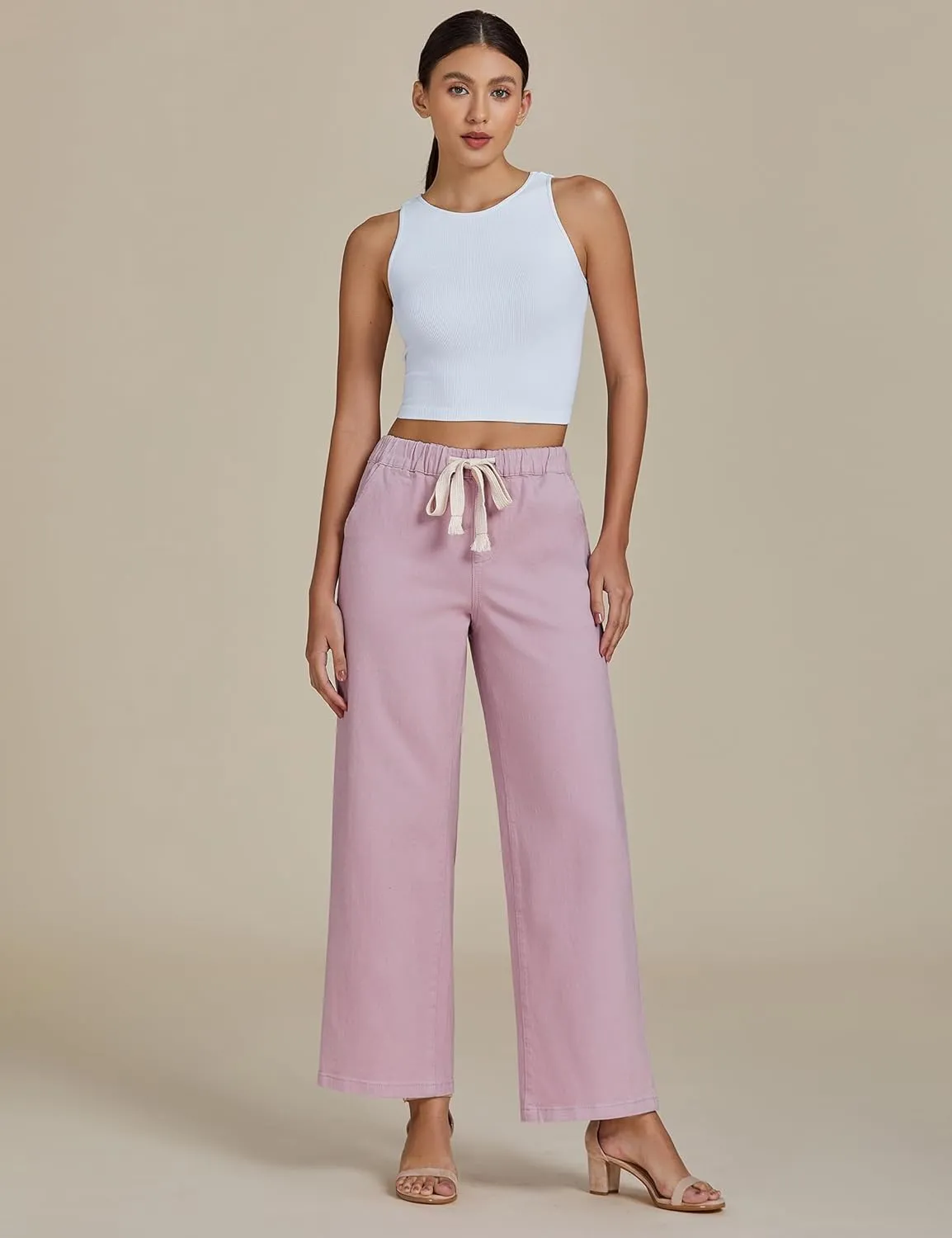 luvamia Wide Leg Jeans Woman High Waisted Trendy Pull On Elastic Waist Drawstring Stretchy Denim Jean Pants with Pockets
