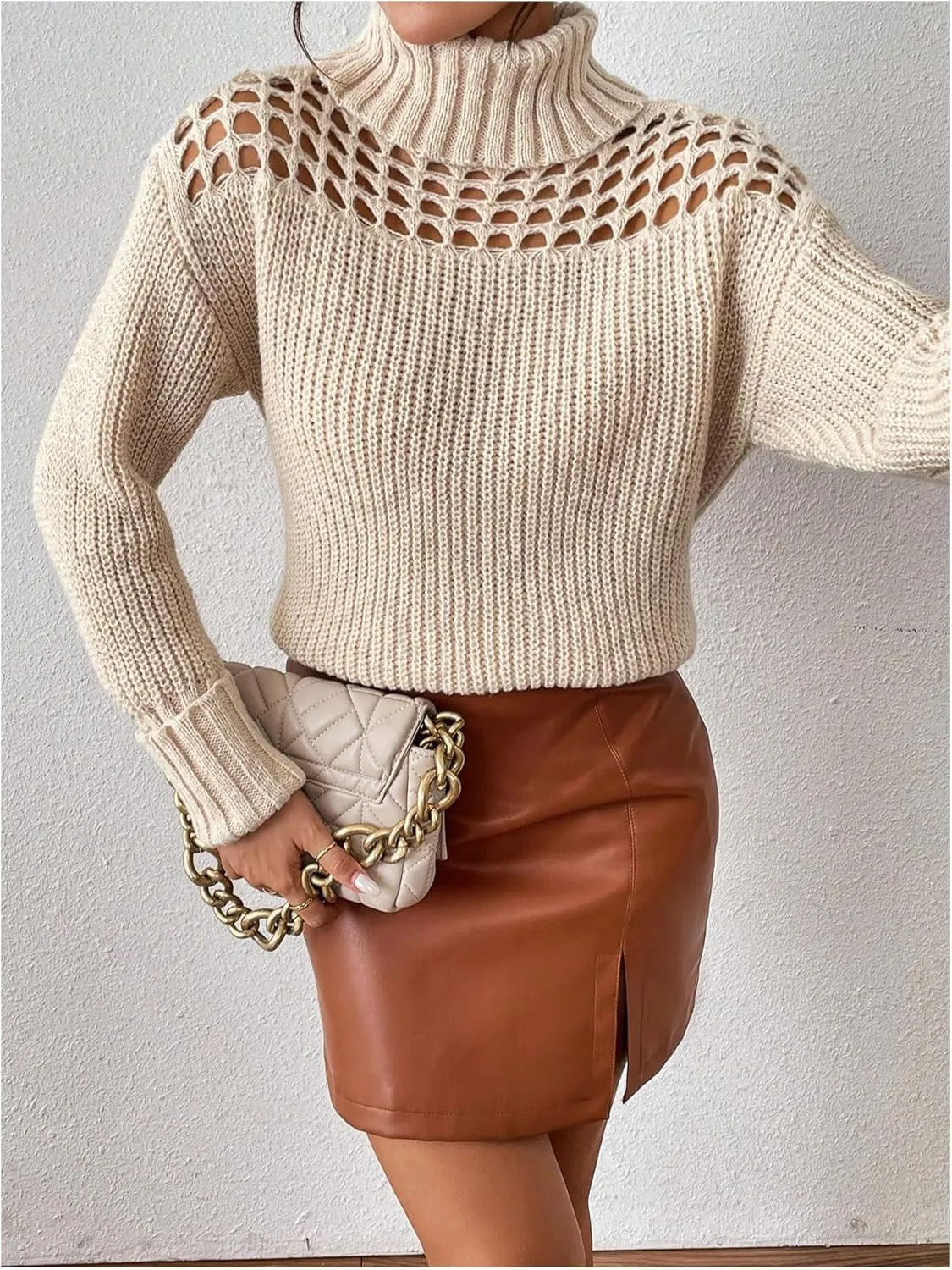 MakeMeChic Women's Turtleneck Sweater Hollow Out Long Sleeve Sweater Chunky Pullover Top