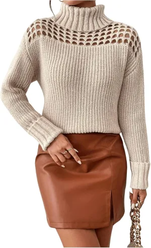 MakeMeChic Women's Turtleneck Sweater Hollow Out Long Sleeve Sweater Chunky Pullover Top