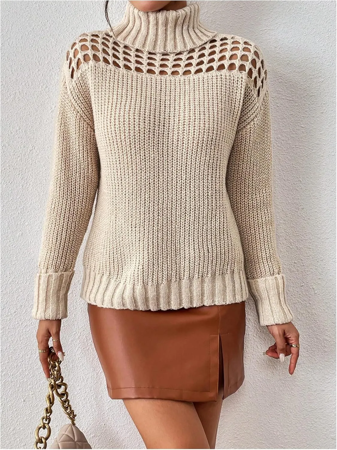 MakeMeChic Women's Turtleneck Sweater Hollow Out Long Sleeve Sweater Chunky Pullover Top