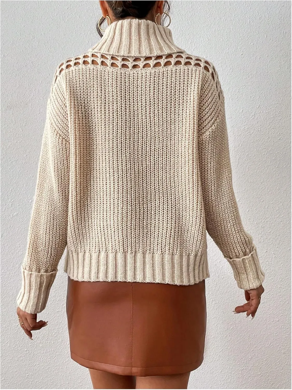 MakeMeChic Women's Turtleneck Sweater Hollow Out Long Sleeve Sweater Chunky Pullover Top