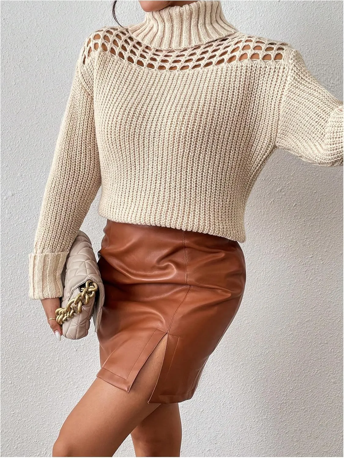 MakeMeChic Women's Turtleneck Sweater Hollow Out Long Sleeve Sweater Chunky Pullover Top