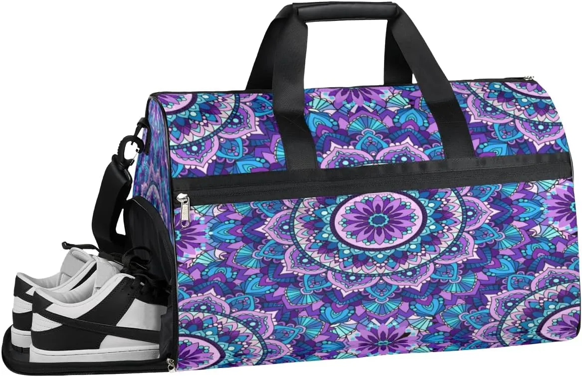 Mandala Pattern Design Sports Gym Bag with Wet Pocket & Shoes Compartment Waterproof Workout Duffel Bag for Women and Men Weekender Overnight Duffle Bag Travel Carry-on Tote