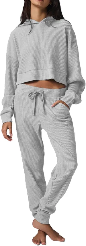 Mandonce Sweat Suits for Women 2 Piece Corduroy Cropped Hooded Sweatshirt Cotton Sweatpants Jogger Sets Athleisure Loungewear