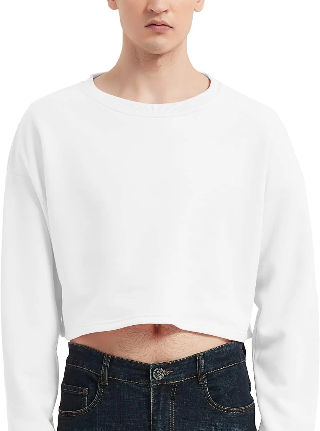 Men's Cropped Cut-Off Hoodie Solid Color Long Sleeves Drawstring Casual Sweatshirts Crop Tops
