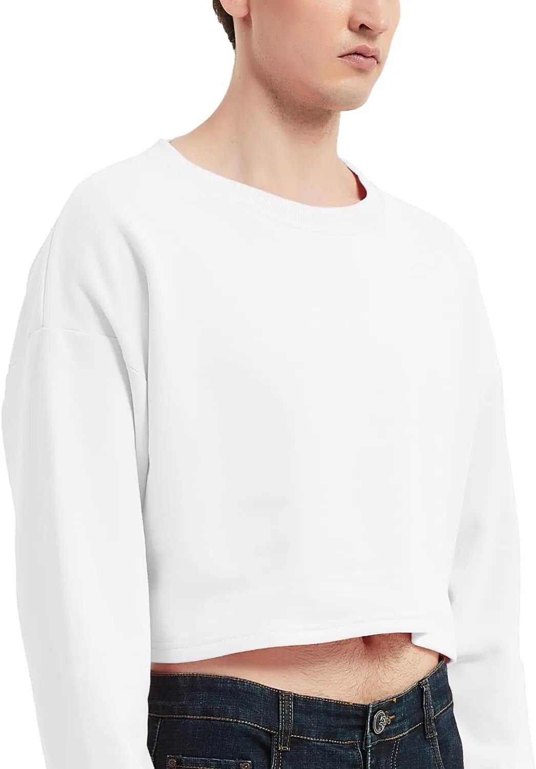 Men's Cropped Cut-Off Hoodie Solid Color Long Sleeves Drawstring Casual Sweatshirts Crop Tops