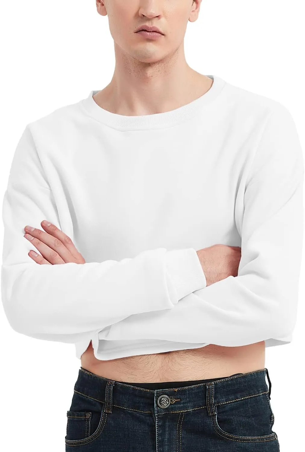 Men's Cropped Cut-Off Hoodie Solid Color Long Sleeves Drawstring Casual Sweatshirts Crop Tops