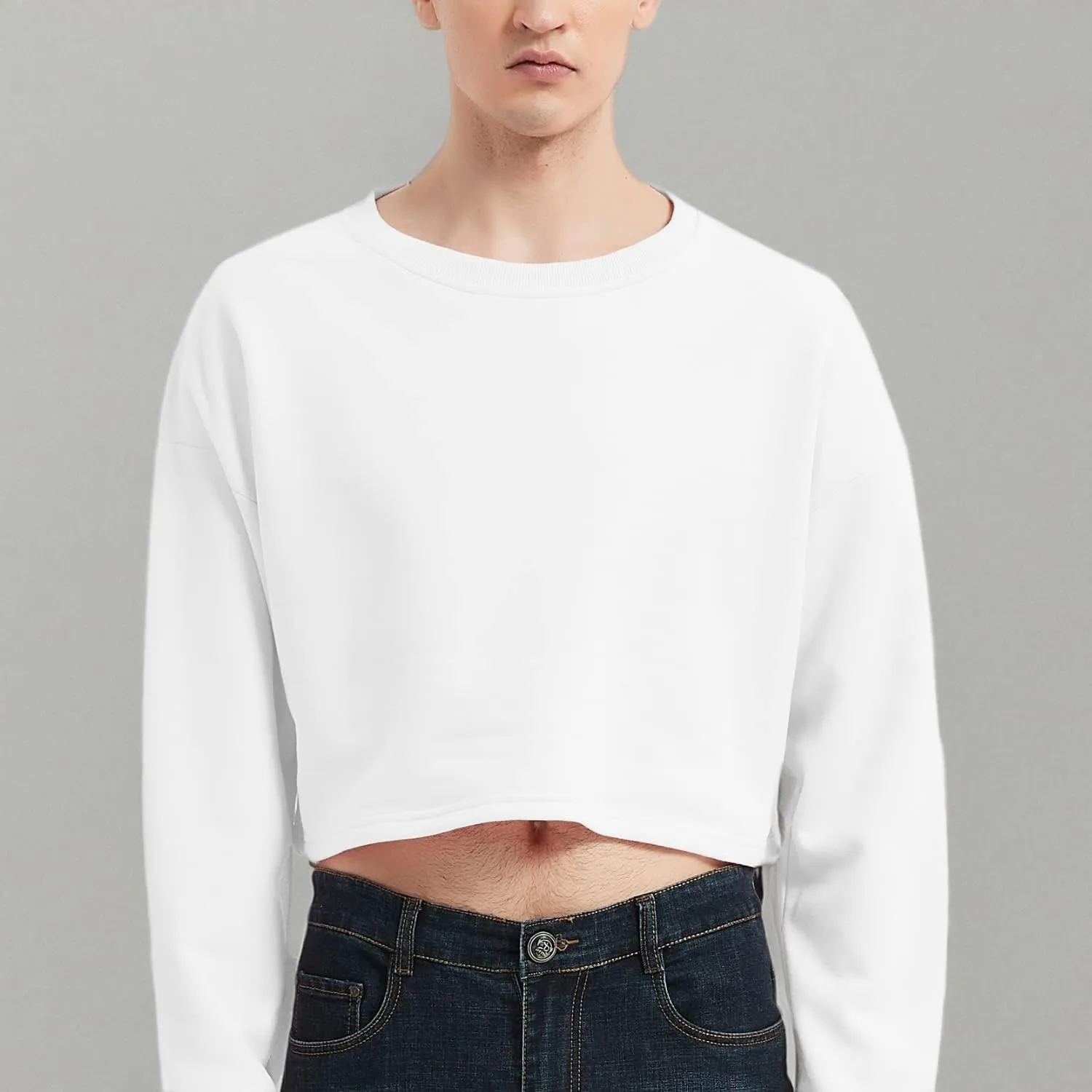 Men's Cropped Cut-Off Hoodie Solid Color Long Sleeves Drawstring Casual Sweatshirts Crop Tops