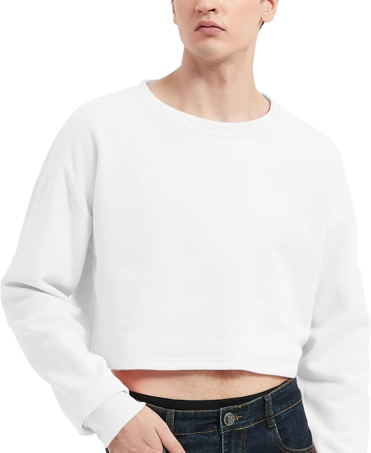 Men's Cropped Cut-Off Hoodie Solid Color Long Sleeves Drawstring Casual Sweatshirts Crop Tops