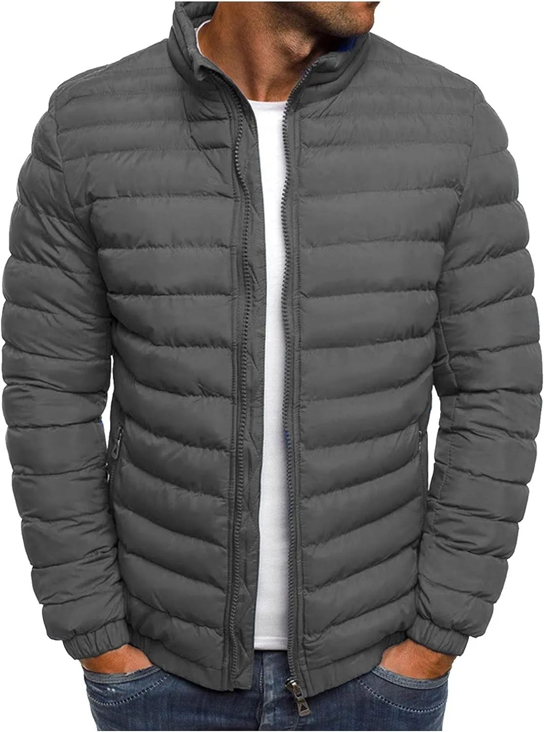 Men'S Puffer Down Jackets Lightweight Warm Coat Solid Color Thick Winter Outwear With Pockets For Travel Ski S-3XL