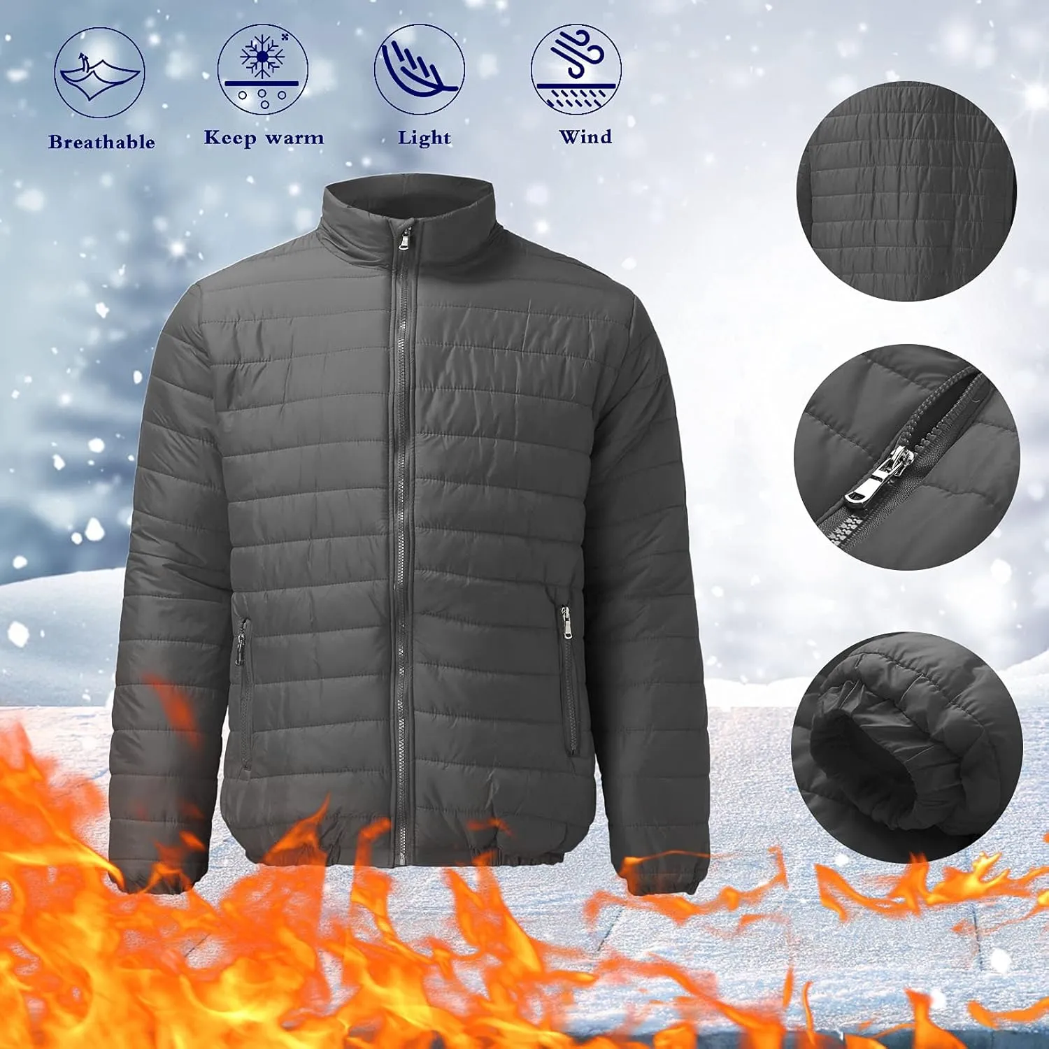 Men'S Puffer Down Jackets Lightweight Warm Coat Solid Color Thick Winter Outwear With Pockets For Travel Ski S-3XL
