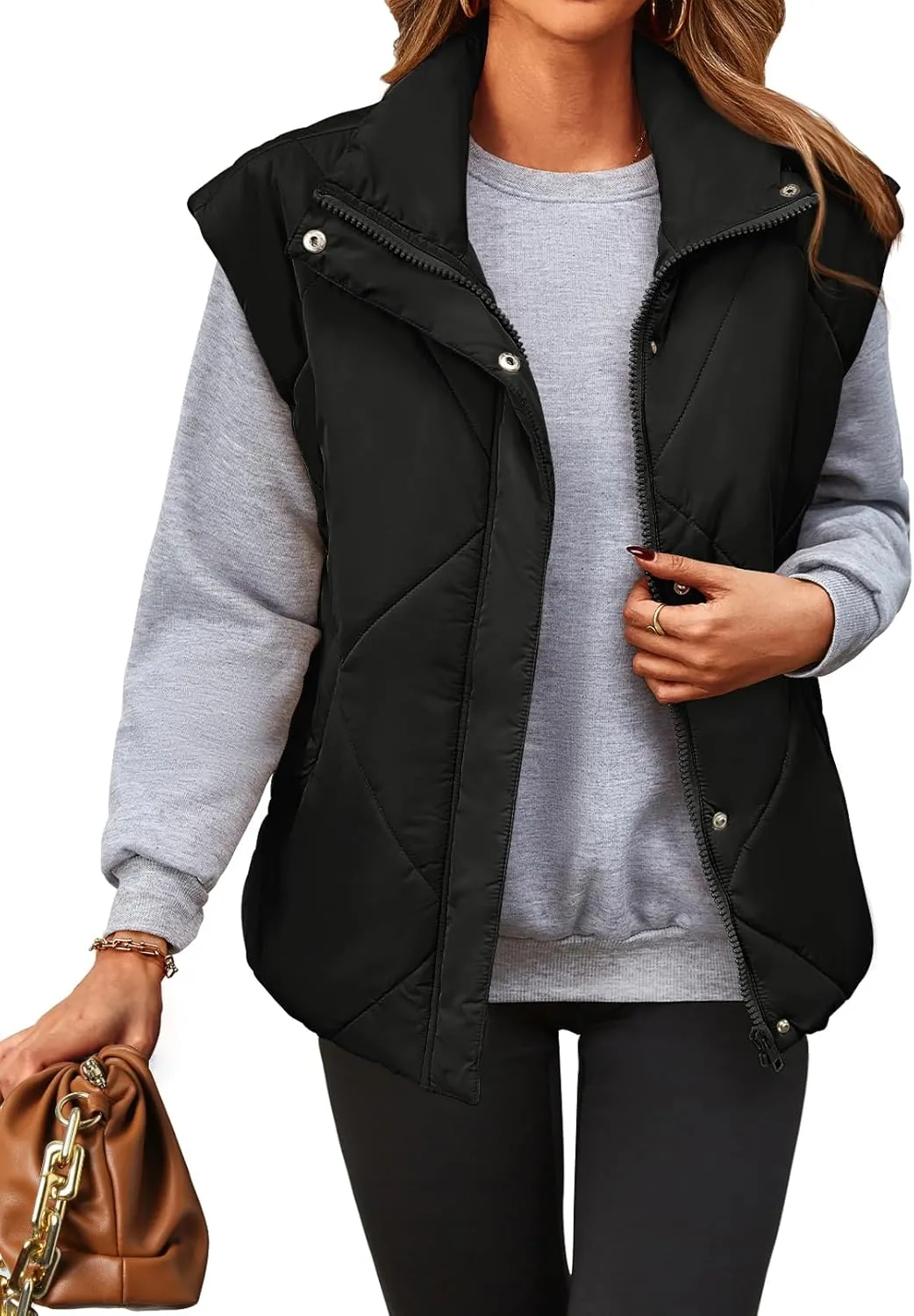 MEROKEETY Women's 2024 Winter Puffer Vest Quilted Stand Collar Zip Up Padded Gilet Coat with Pockets