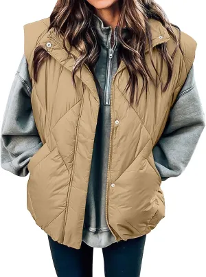 MEROKEETY Women's 2024 Winter Puffer Vest Quilted Stand Collar Zip Up Padded Gilet Coat with Pockets