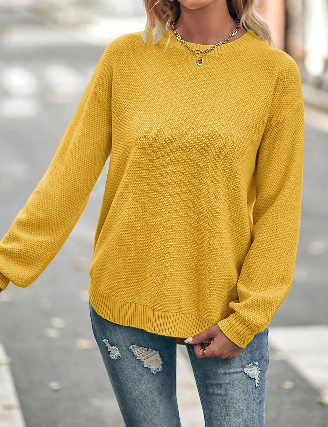 MEROKEETY Women's 2025 Fall Long Balloon Sleeve Crew Neck Sweater Tops Waffle Knit Soft Pullover Jumper