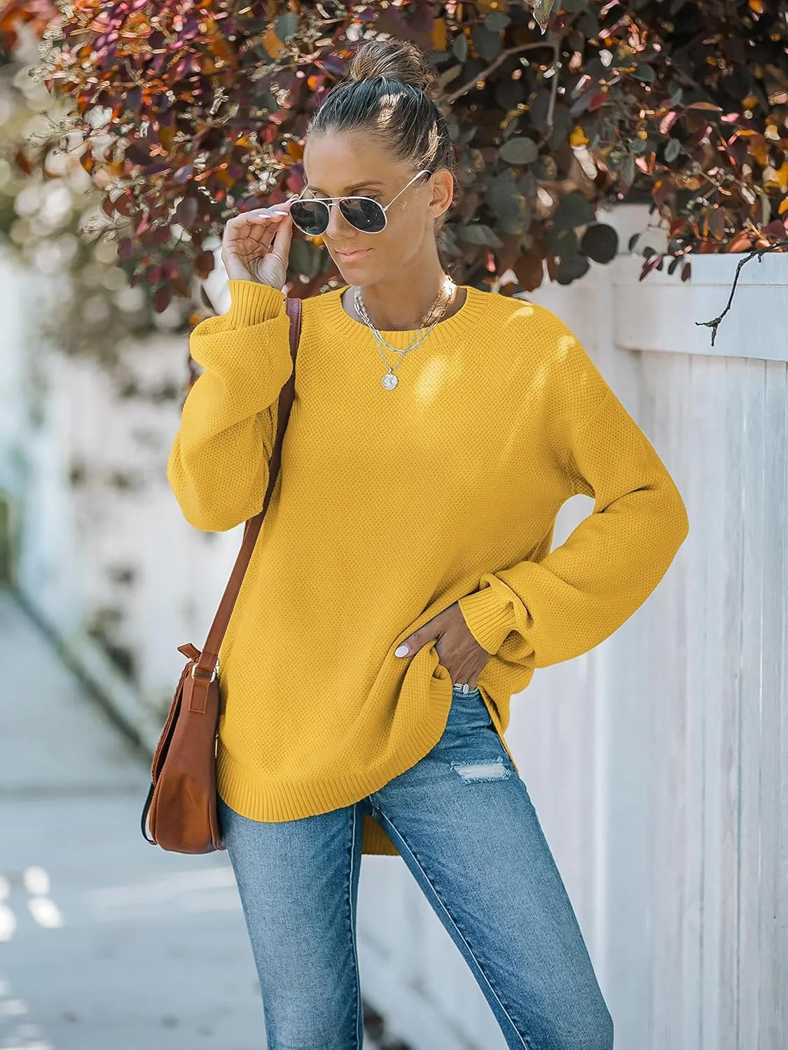 MEROKEETY Women's 2025 Fall Long Balloon Sleeve Crew Neck Sweater Tops Waffle Knit Soft Pullover Jumper
