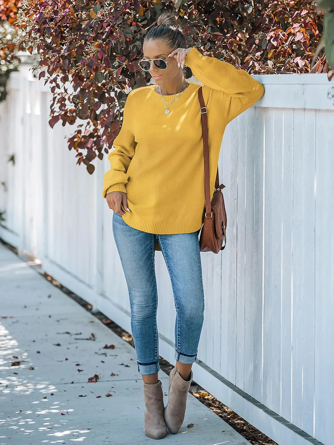 MEROKEETY Women's 2025 Fall Long Balloon Sleeve Crew Neck Sweater Tops Waffle Knit Soft Pullover Jumper