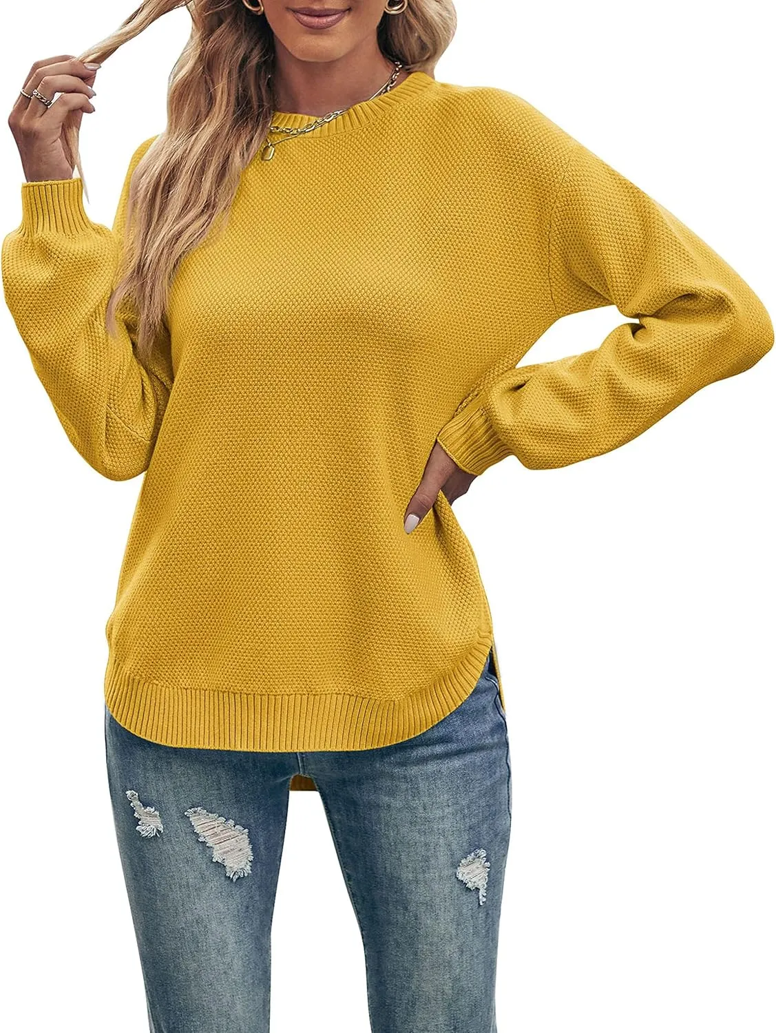 MEROKEETY Women's 2025 Fall Long Balloon Sleeve Crew Neck Sweater Tops Waffle Knit Soft Pullover Jumper