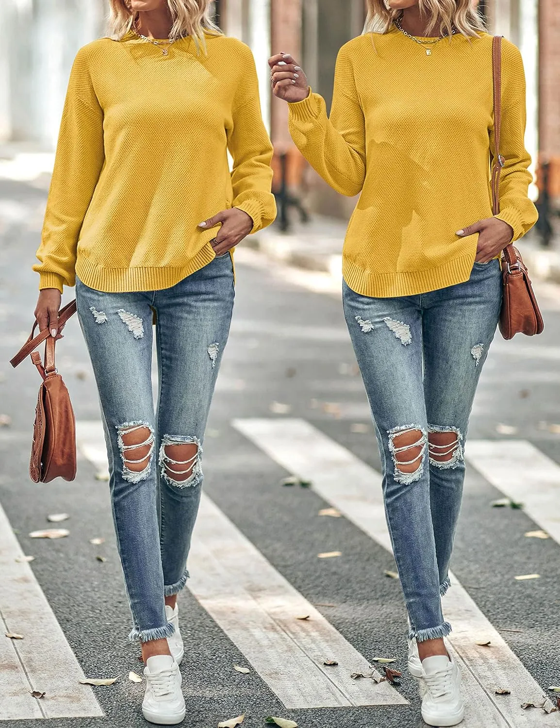 MEROKEETY Women's 2025 Fall Long Balloon Sleeve Crew Neck Sweater Tops Waffle Knit Soft Pullover Jumper