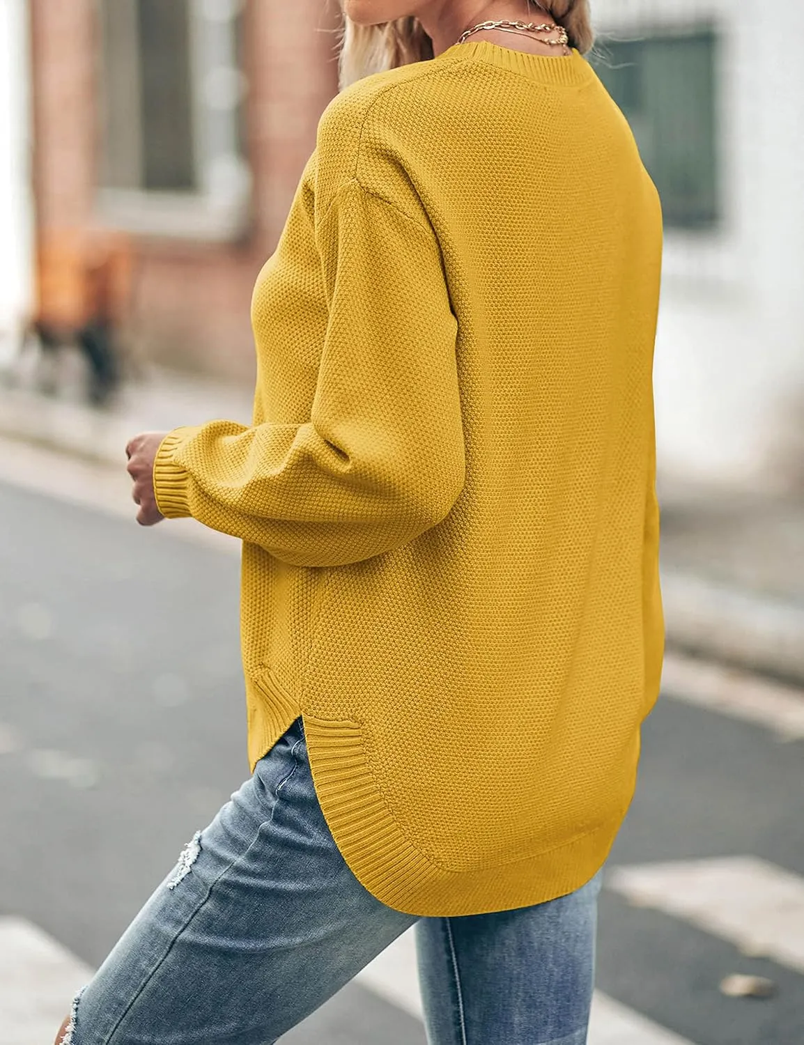 MEROKEETY Women's 2025 Fall Long Balloon Sleeve Crew Neck Sweater Tops Waffle Knit Soft Pullover Jumper