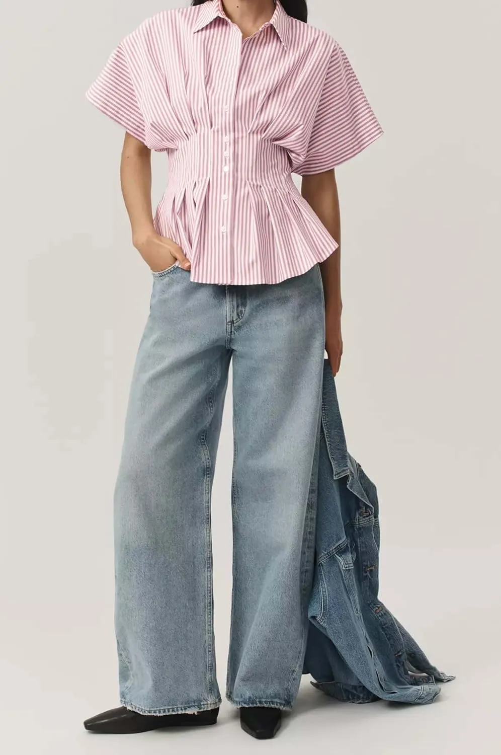 MISSACTIVER Striped Button Down Shirts for Women Short Sleeve Pleated Corset Blouse Casual Summer Peplum Dressy Tops