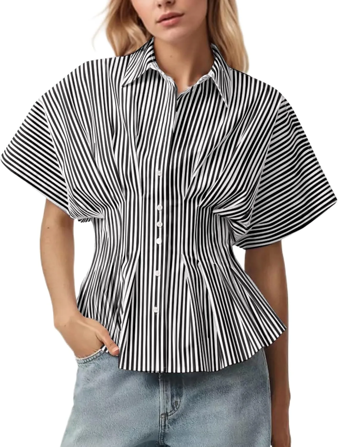 MISSACTIVER Striped Button Down Shirts for Women Short Sleeve Pleated Corset Blouse Casual Summer Peplum Dressy Tops