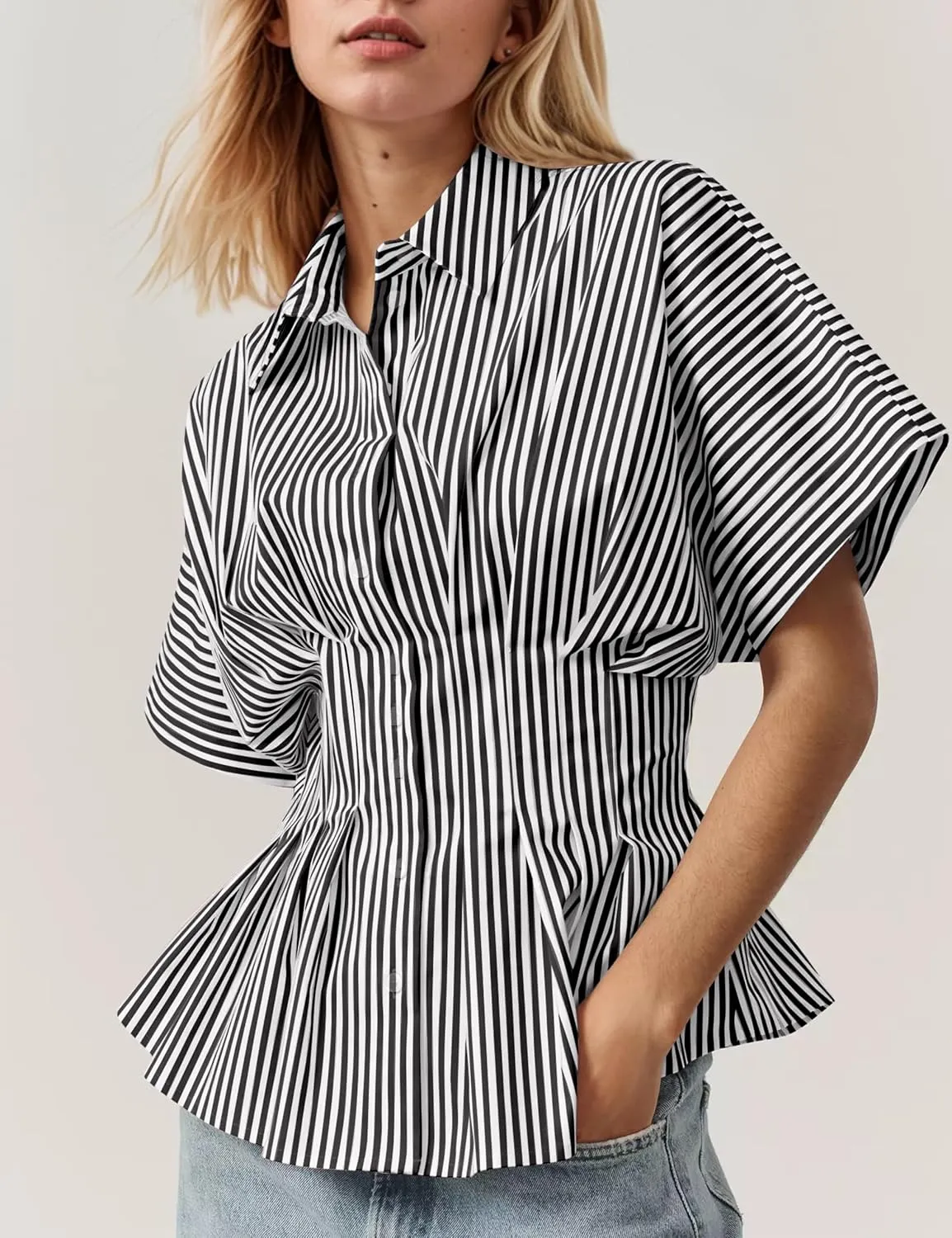 MISSACTIVER Striped Button Down Shirts for Women Short Sleeve Pleated Corset Blouse Casual Summer Peplum Dressy Tops