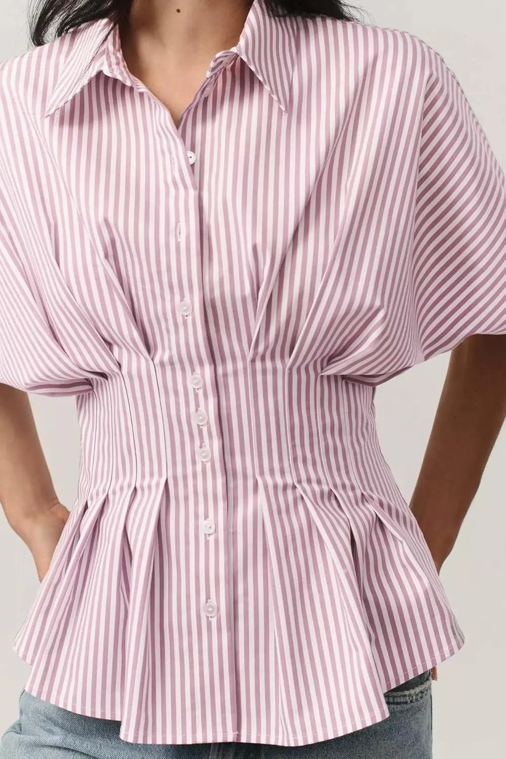 MISSACTIVER Striped Button Down Shirts for Women Short Sleeve Pleated Corset Blouse Casual Summer Peplum Dressy Tops