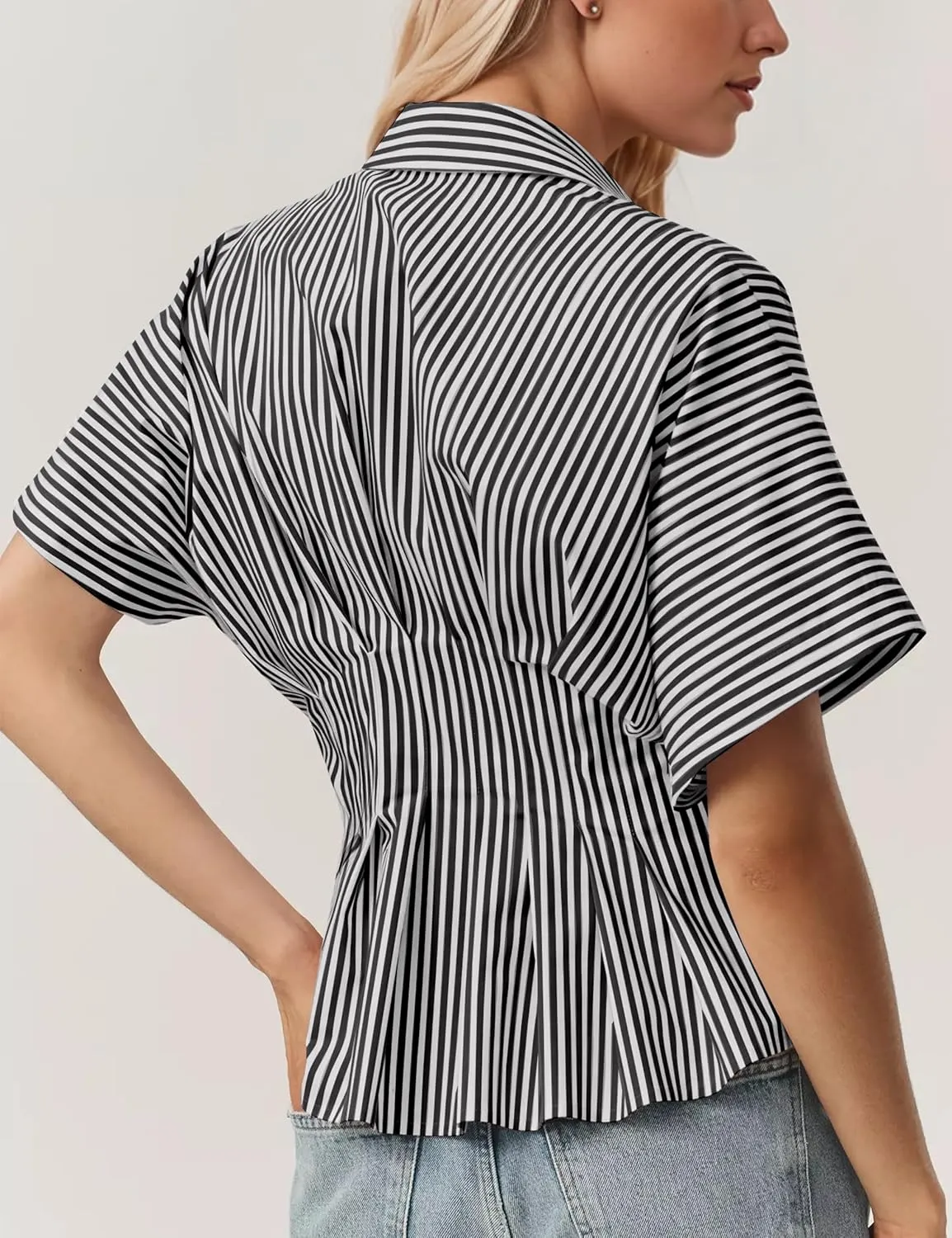 MISSACTIVER Striped Button Down Shirts for Women Short Sleeve Pleated Corset Blouse Casual Summer Peplum Dressy Tops