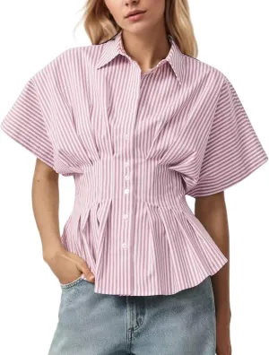 MISSACTIVER Striped Button Down Shirts for Women Short Sleeve Pleated Corset Blouse Casual Summer Peplum Dressy Tops